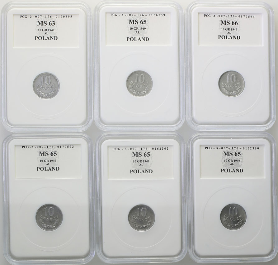 PRL. Zestaw monet 10 groszy 1949 aluminium - 6 sztuk